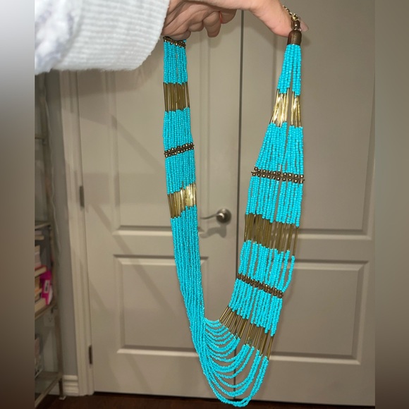 Blue beaded gold statement necklace - Picture 2 of 4